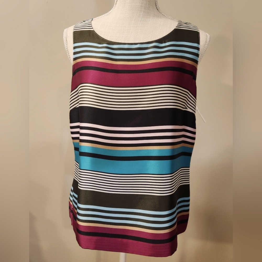 TALBOTS Fall Colors Striped Sleeveless Side Zip Pullover Blouse Sz Medium Petite